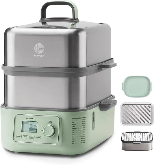 Electric Food Steamer for Cooking, 2 Tire Stainless Steel Steamer with Manual Mode, 1500W, 14 Quart, Green