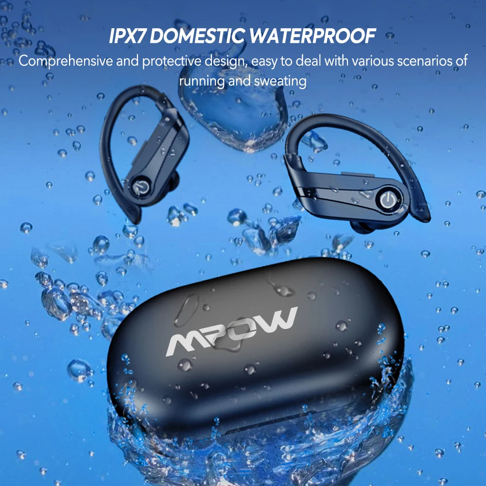 Bluetooth 5.3 Wireless Earbuds with Mic IPX7 Waterproof 200H Earphones with Hooks for Sports Running Workout Gym