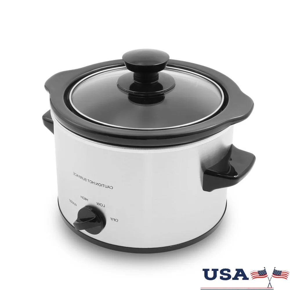 1.5Qt Mini Slow Cooker Stainless Steel Inner Pot Low High Keep Warm Glass Lid Cool Touch Handles Dips Soups Appetizers