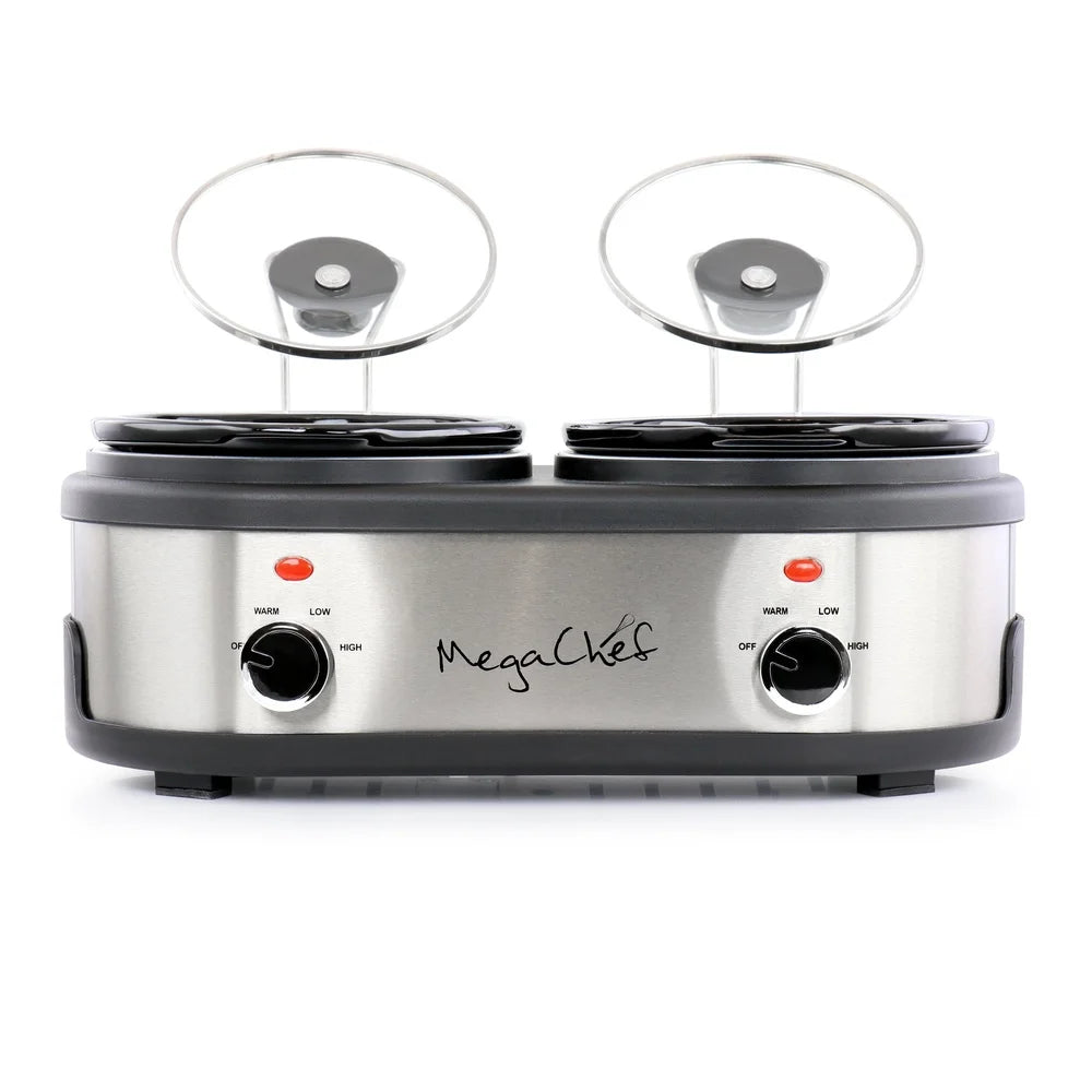 Dual 1.5 Quart Slow Cooker Buffet with Removable Ceramic Pots Tempered Glass Lids Cool Touch Handles Perfect Entertaining