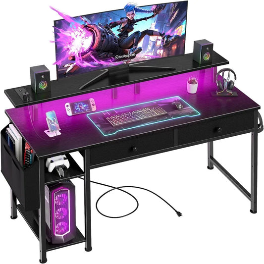 Black Computer Desk with Shelves and Drawers - 47 Inch Home Office Desk with Drawers and Shelves, Small Black Desk with Shelves,