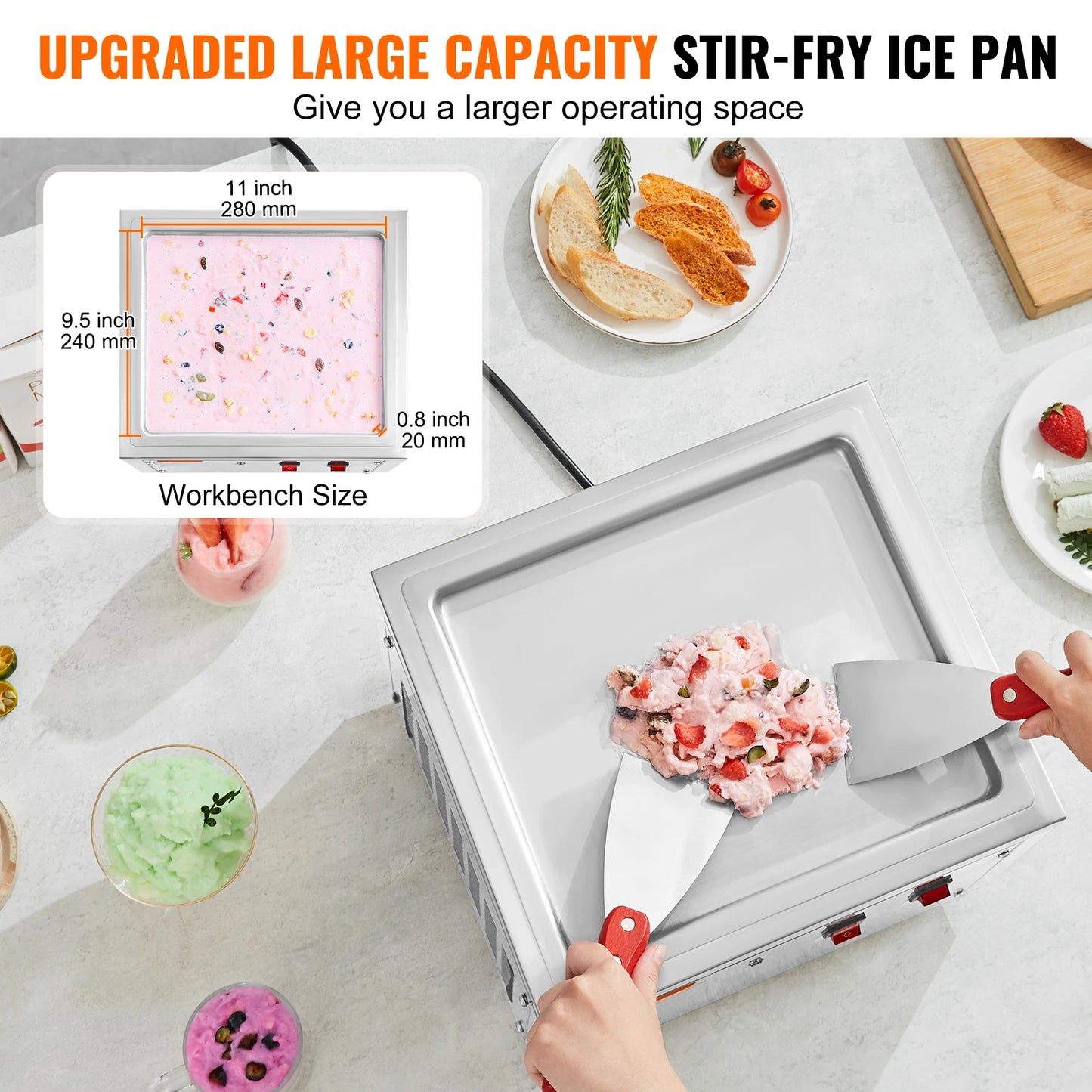 Fried Ice Cream Roll Machine Stir-Fried Stainless Steel Rolled Ice with Compressor & 2 Scrapers for Home Commercial