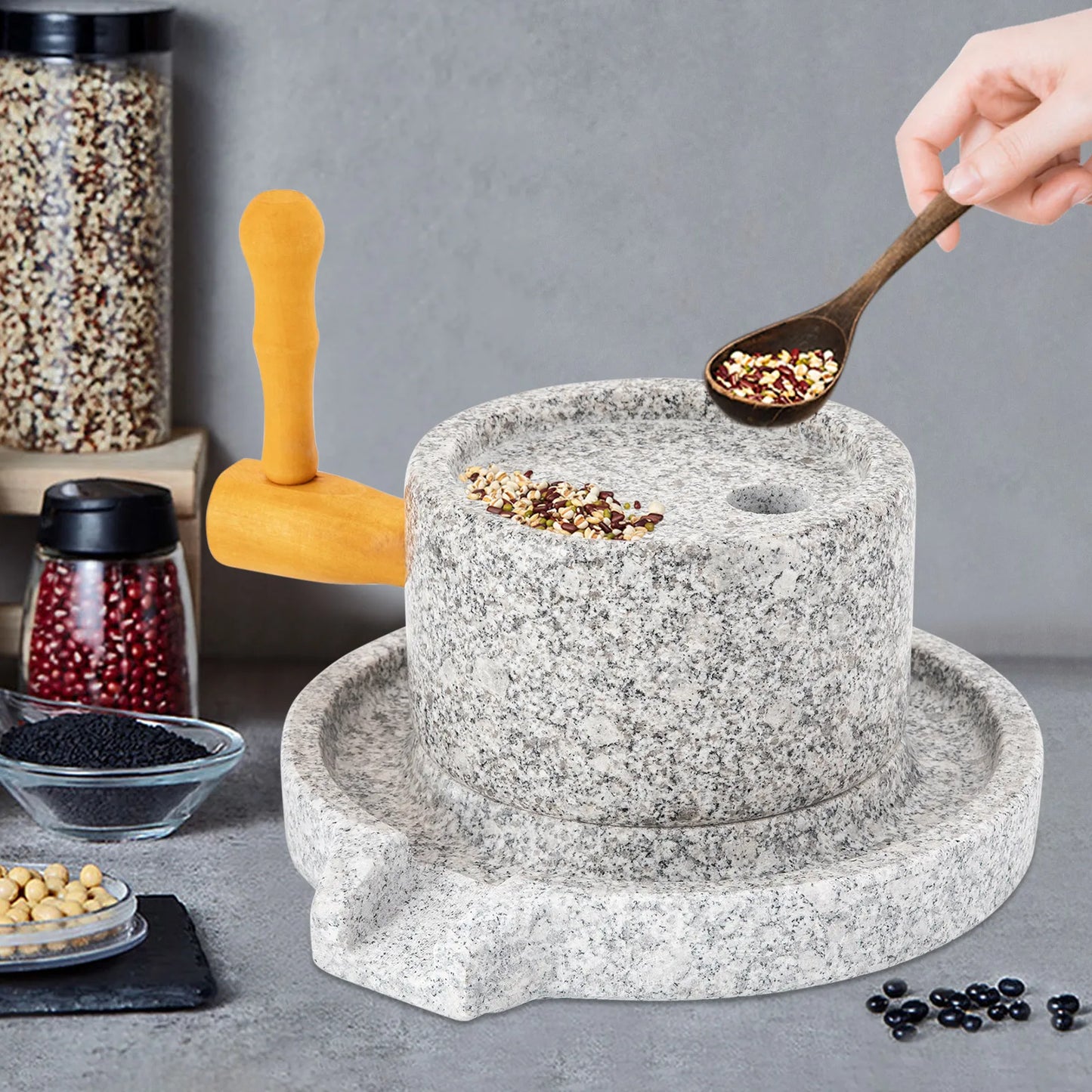 Manual Millstone Grinder Traditional Hand-Push Chili Pepper Mung Bean Flour Mill Grinder Marble Mini Stone Mill