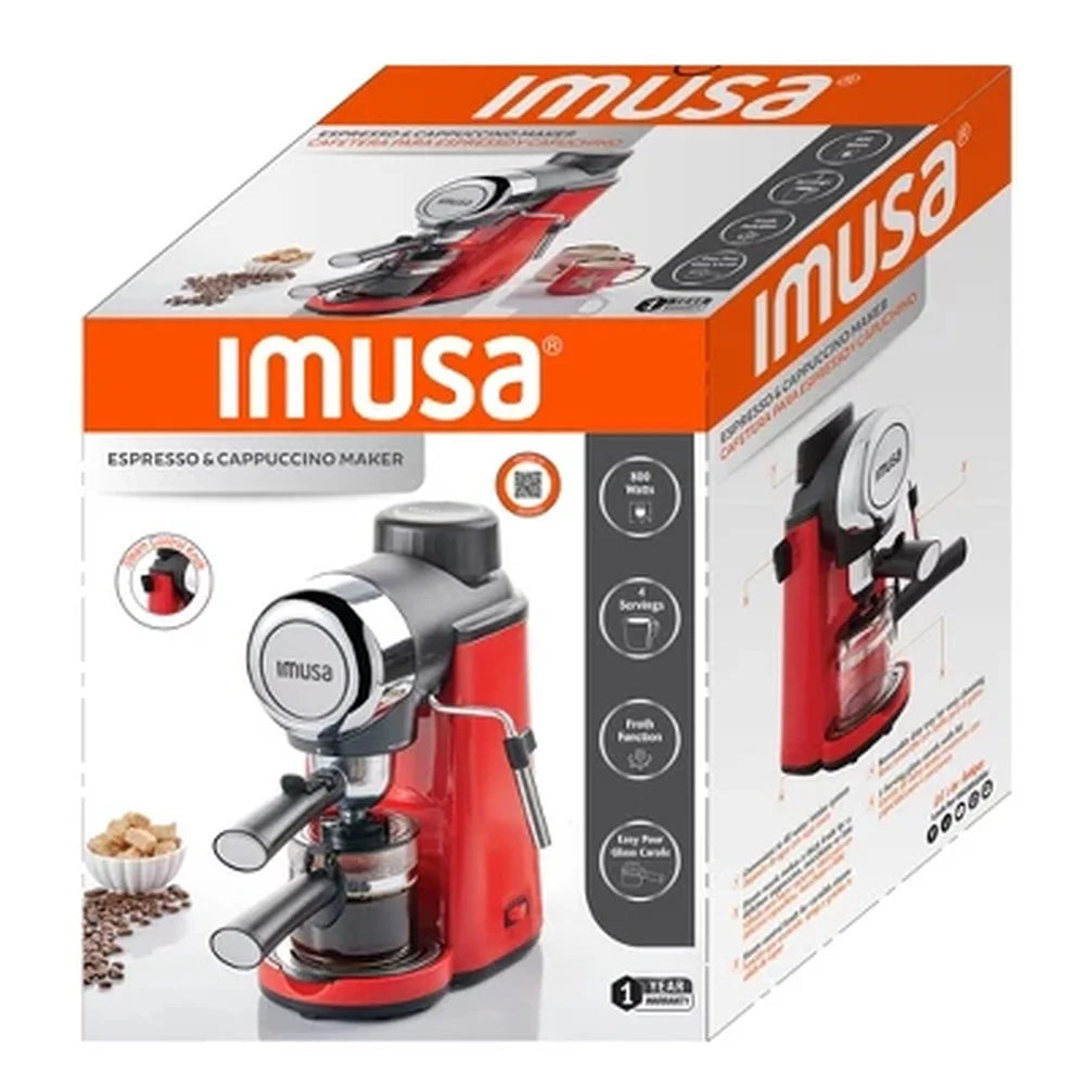 4 Cup Espresso Cappuccino Maker, 800W Electric Frothing Wand, Glass Carafe, Removable Drip Tray, Manual Operation, Kitchen Appliance