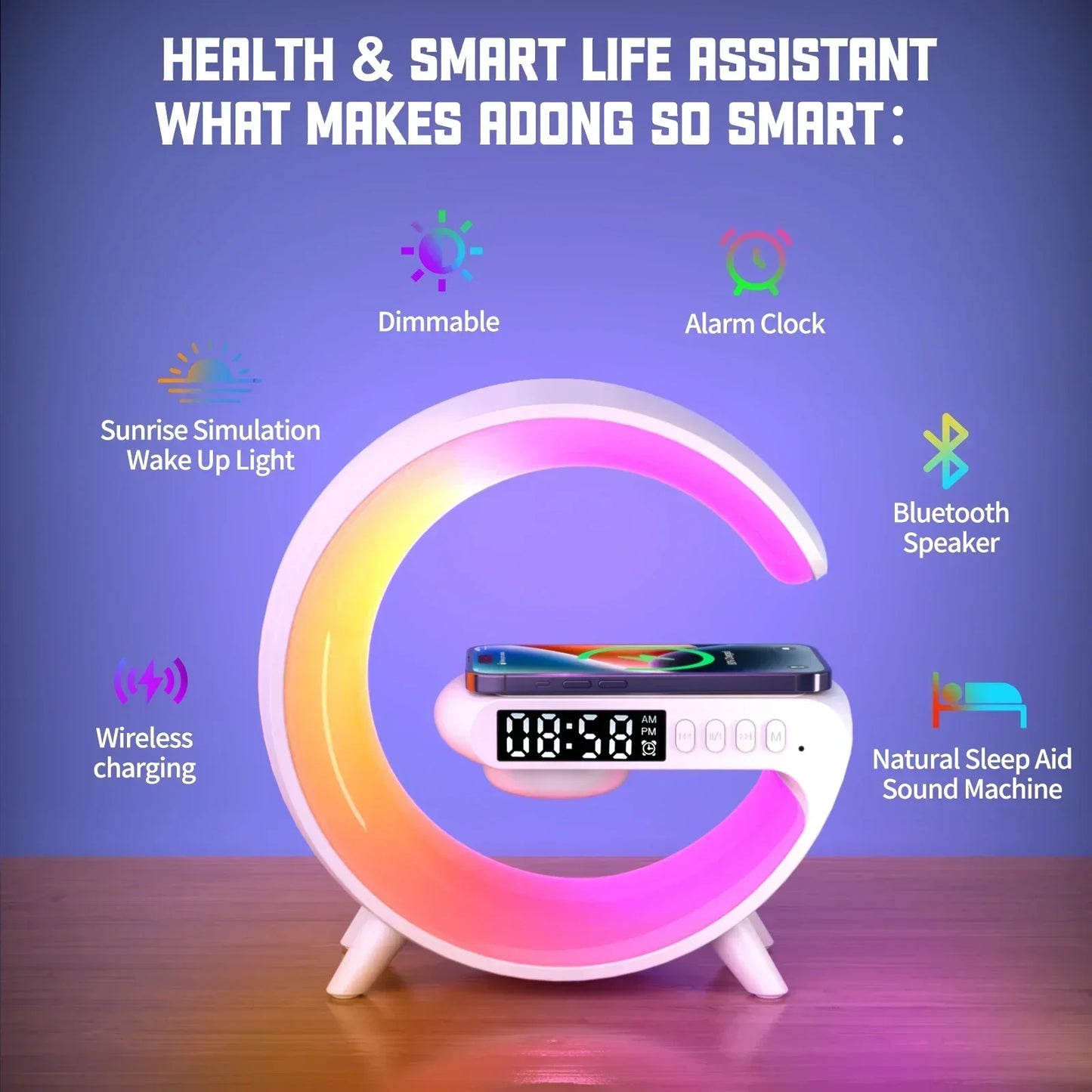 Goodnight Light Wireless Charger Speaker Clock 6 Lighting Modes for iPhone 15 14 13 Samsung Fast Charging Station