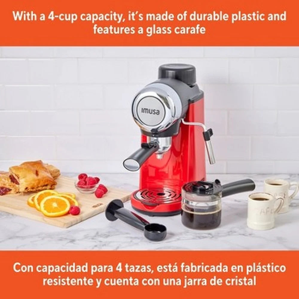 4 Cup Espresso Cappuccino Maker, 800W Electric Frothing Wand, Glass Carafe, Removable Drip Tray, Manual Operation, Kitchen Appliance